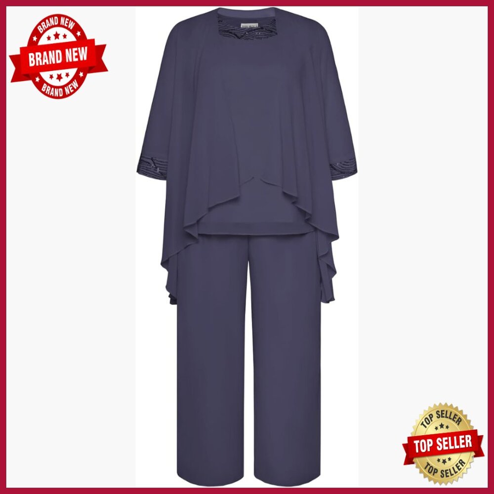 Plus Size 3-Piece Chiffon Pant Suit With Sequin Neck, Formal Wedding Guest